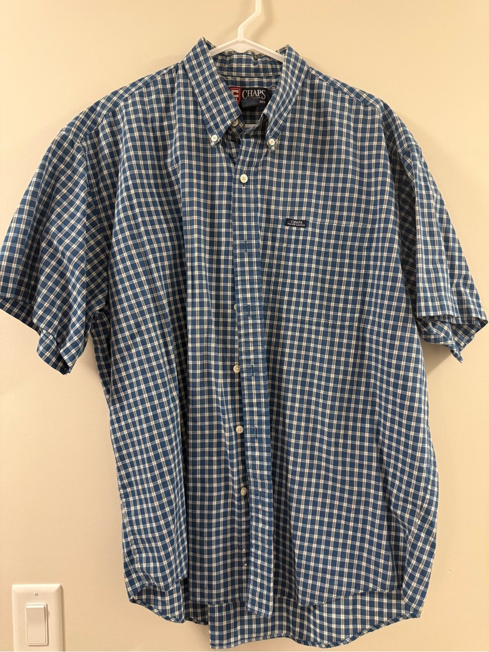 Chaps Blue and White Plaid Short-Sleeve Button-Down Shirt